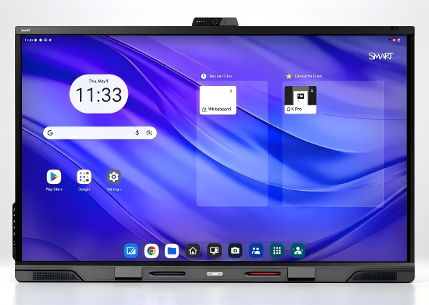 Front view of the SMART Board QX Pro Series 75-inch interactive display (QX275-V2-P), featuring a 4K touchscreen, slim black bezel, built-in camera, and integrated speaker bar, shown in a clean studio-style product presentation.