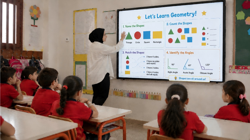 Teacher using a smart board with geometry lessons in an Egyptian primary school classroom