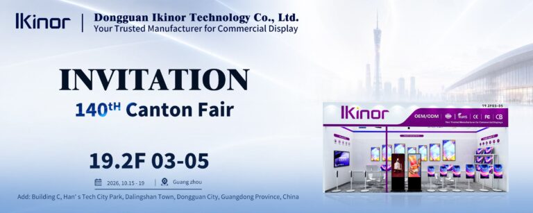 Ikinor invitation to the 140th Canton Fair 2026, featuring commercial display products and Booth 19.2F03-05 in Guangzhou, China.