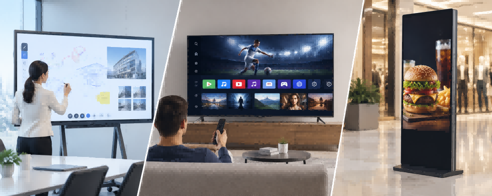 Interactive display vs smart TV vs digital signage comparison showing touchscreen collaboration, smart TV entertainment, and commercial advertising displays.